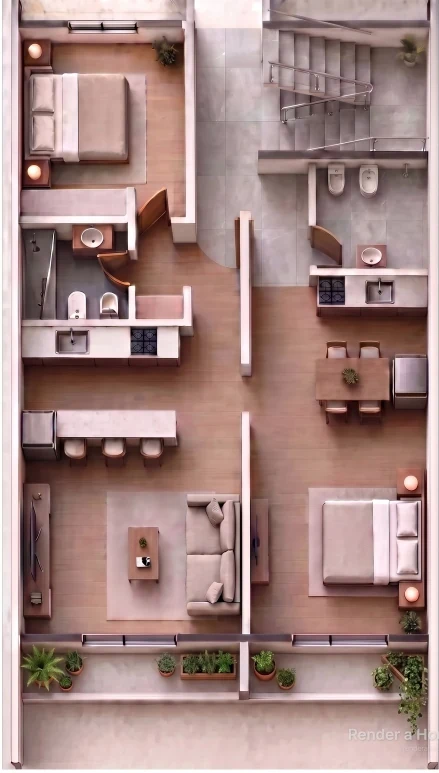 Plano de planta del Edificio Zeballos — Núcleo de circulación. Planta con escalera y palier común. Dos unidades por nivel: monoambiente y 1 dormitorio.