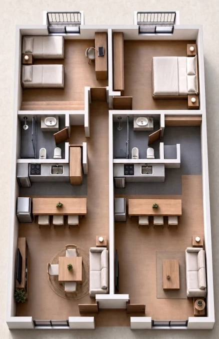 Plano de planta del Edificio Zeballos — Distribución espejada. Variante con dormitorios enfrentados y expansiones a ambos extremos de la planta.